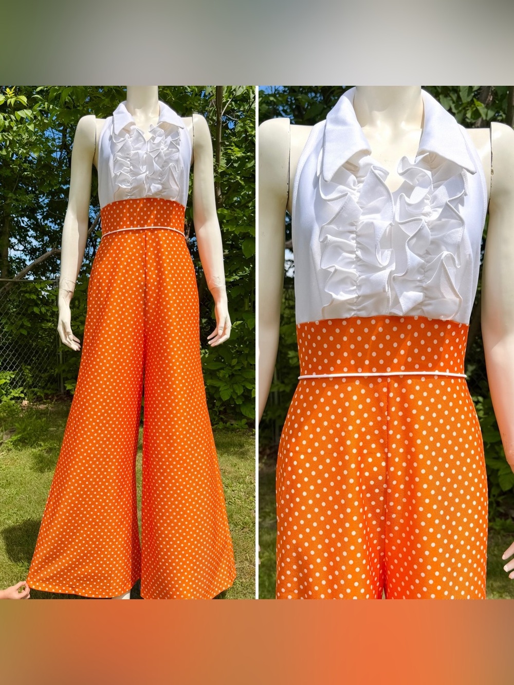 1960s 1970s BELL BOTTOM JUMPSUIT Vintage Romper Polka Dot Tuxedo Halter White